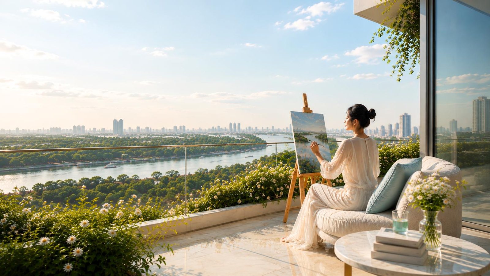 Phòng khách căn hộ Gladia Heights nhìn ra ban công và mặt sông