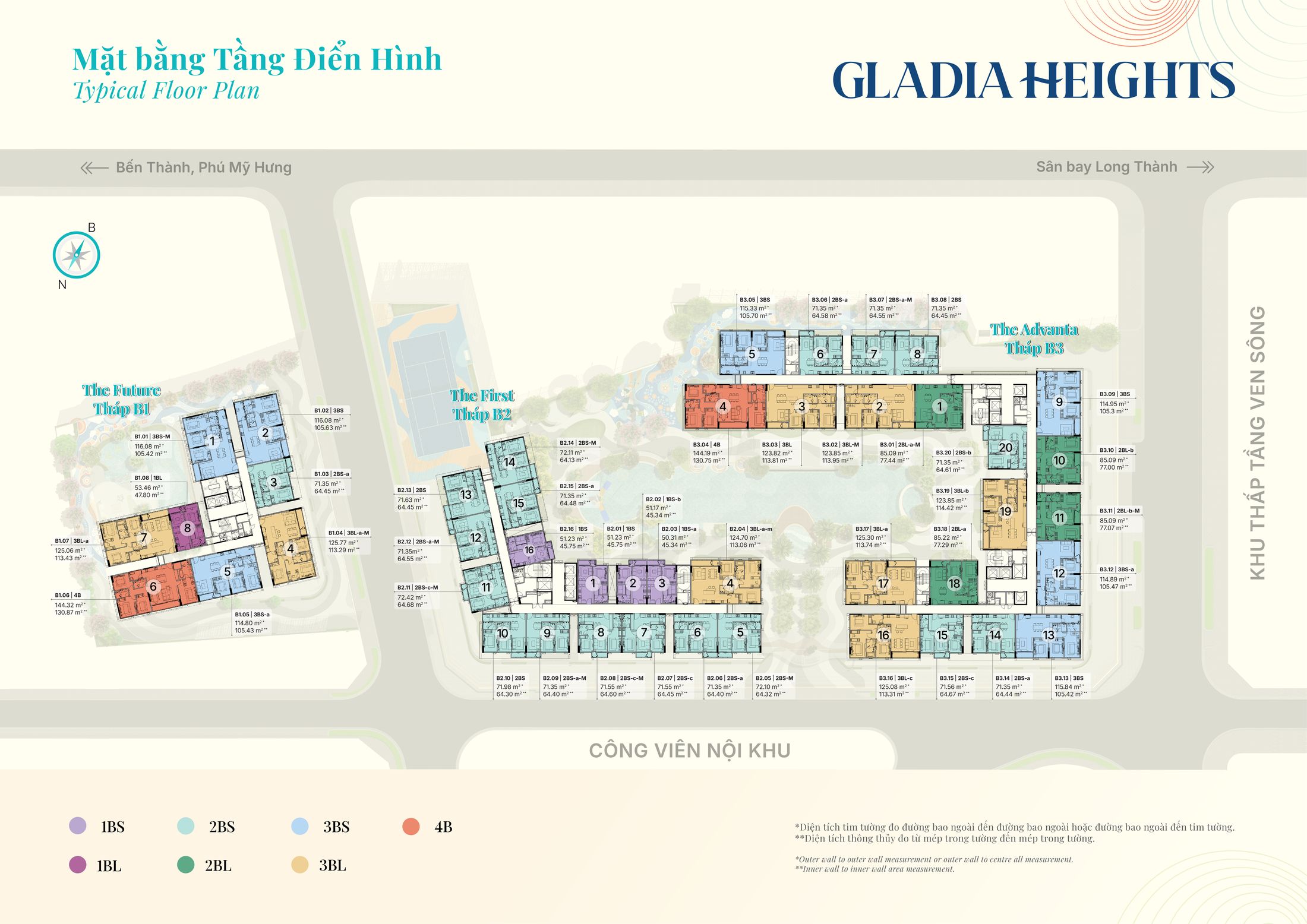 Bản vẽ mặt bằng một tầng Gladia Heights, ba tháp B1 B2 B3 kèm diện tích tim tường căn 1PN 2PN 3PN