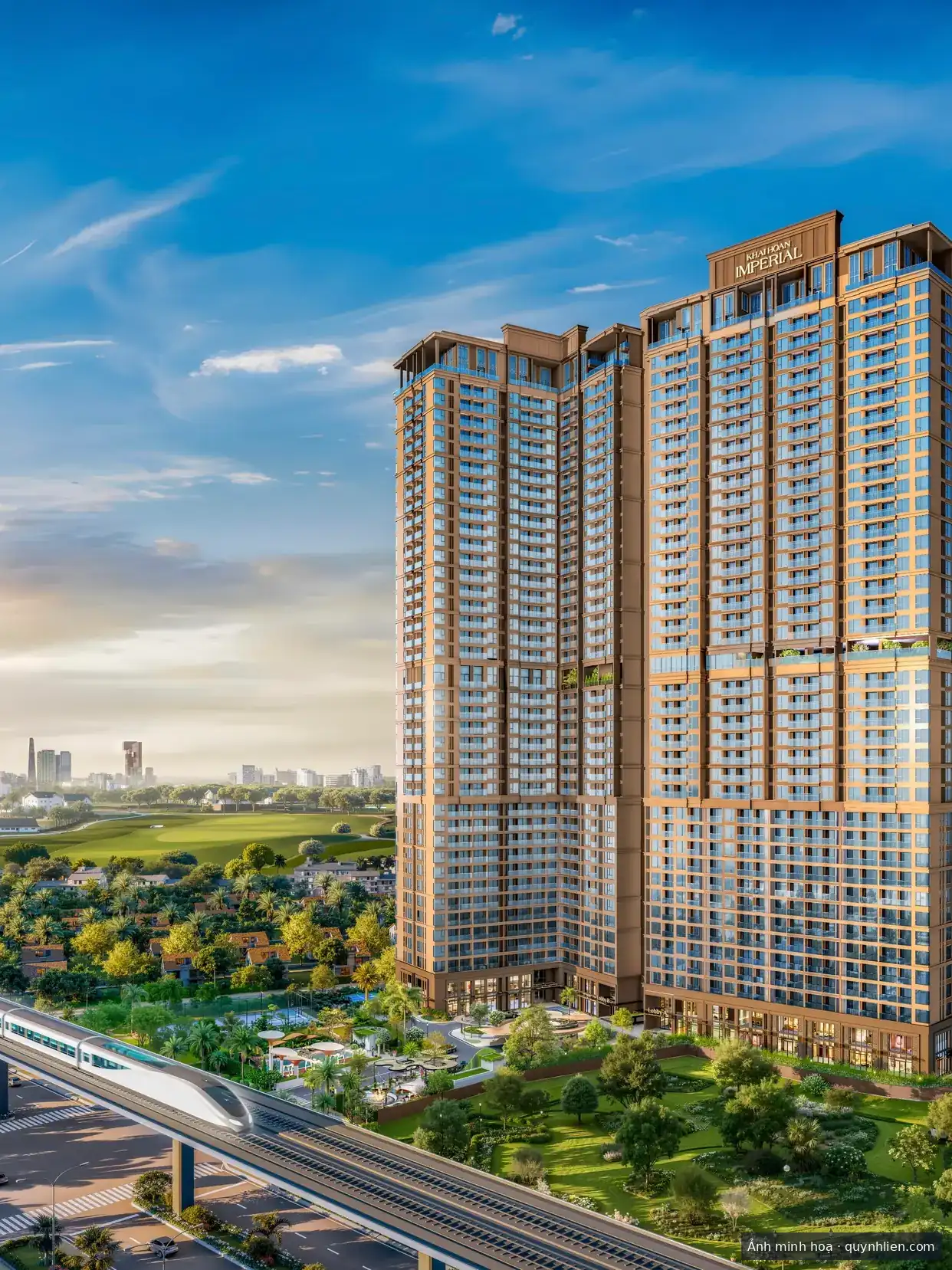 Mặt ngoài tháp căn hộ Khải Hoàn Imperial nhìn từ dưới lên