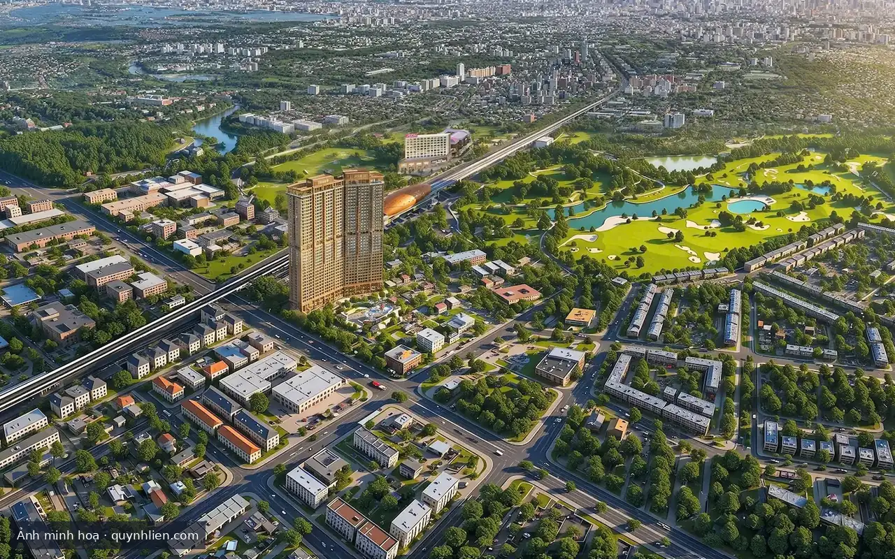 Khu đất dự án Khải Hoàn Imperial nhìn từ trên cao, thấy Quốc lộ 13, tuyến metro và sân golf Sông Bé
